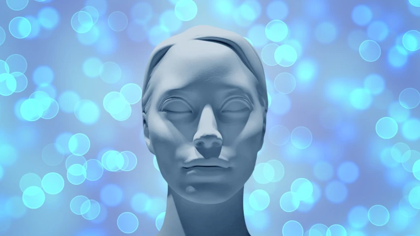 a white mannequin head with blue lights in the background, digital art, avatar image, relaxed. blue background, sculpture of a woman, bokeh in the background only
