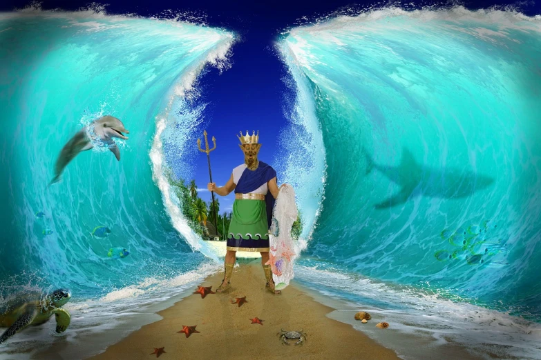 a man that is standing in the sand with a surfboard, by Jon Coffelt, deviantart contest winner, naive art, poseidon, diorama picture, cory chase as an atlantean, digital collage