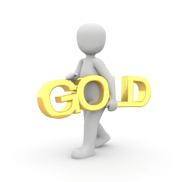 a person holding a sign that says gold, _3d-terms_, simple stylized, walking, white metal