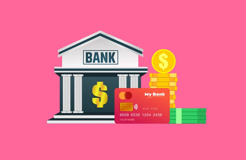 a bank building with stacks of money and a credit card, an illustration of, pink and red color scheme, whole card, flat, wax