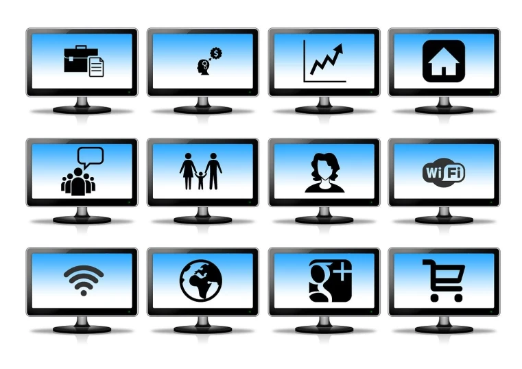 a bunch of computer screens with different icons on them, pixabay, high definition screenshot, flat panels, figures, sales