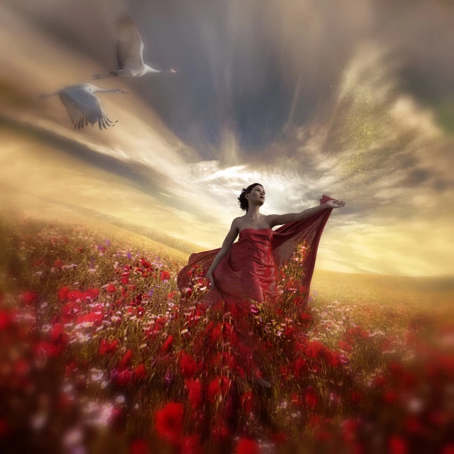 a woman in a red dress standing in a field of flowers, digital art, inspired by Tom Chambers, fantasy art, marc adamus, awarded winning photo, red poppies, soaring