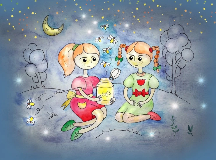 a couple of girls standing next to each other, a storybook illustration, naive art, glowing jar, watercolor style, night photo, fairy tale style background