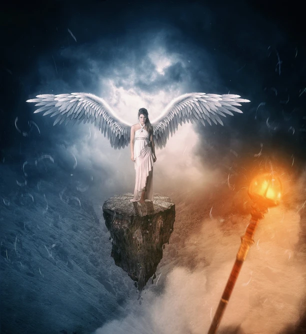 a woman standing on top of a cliff next to a torch, digital art, by Adam Marczyński, trending on pixabay, girl with angel wings, high quality fantasy stock photo, emerging from her lamp, full shot photo