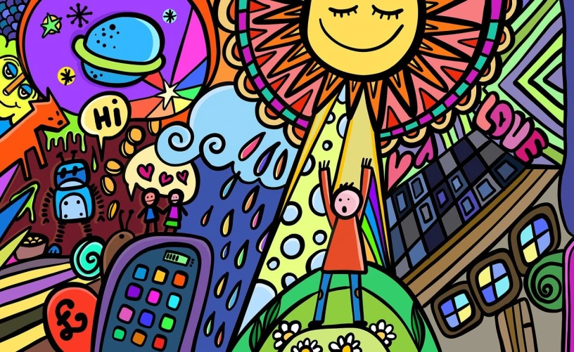 a drawing of a sun with a city in the background, a child's drawing, inspired by Murakami, toyism, editorial illustration colorful, happy girl, hyper detail illustration, excitement