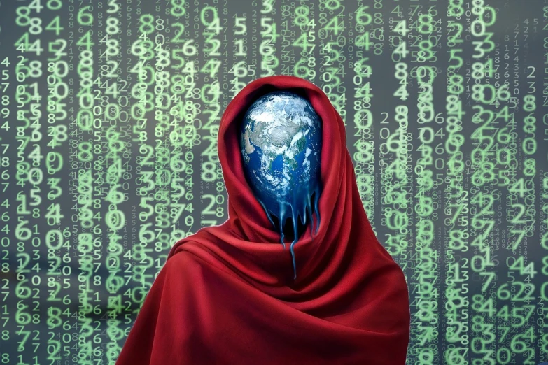 a person in a red cloak standing in front of a wall of numbers, inspired by Igor Morski, dark visor covering face, mother earth, crypto, alienware
