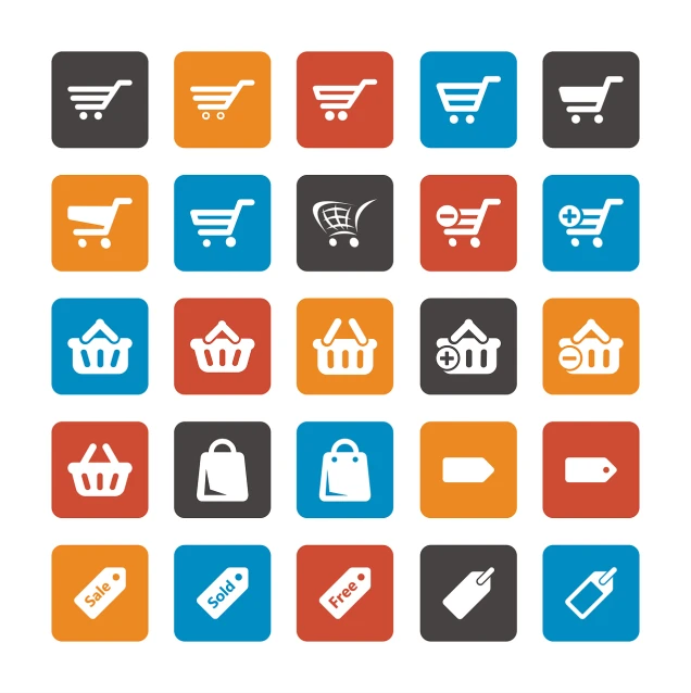 a set of shopping icons on a white background, flickr, cart, flat bold color, square, layered