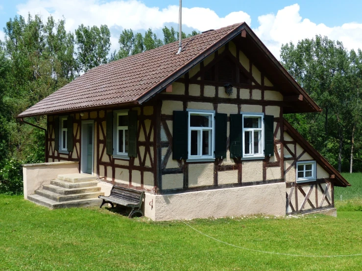 a small house sitting on top of a lush green field, by Thomas Häfner, shutterstock, art nouveau, symmetrical front view, chalet, germany, from the outside it looks folksy