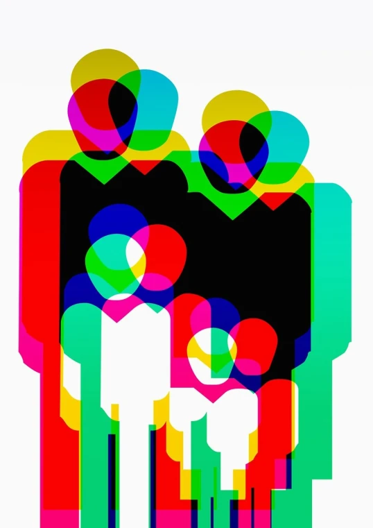 a group of people standing next to each other, a digital rendering, inspired by Milton Glaser, flickr, generative art, colorful high contrast hd, family friendly, shot on iphone, modern - art - vector