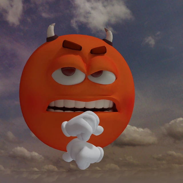 an orange ball with horns sticking out of it's mouth, digital art, inspired by Heinz Anger, sad sky, clay animation, showing anger, misty