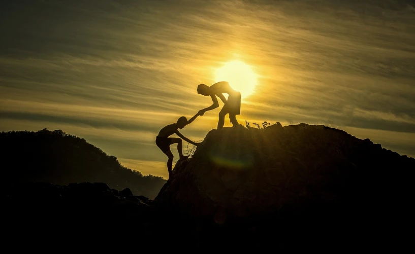 a couple of people standing on top of a mountain, by Niko Henrichon, happening, repairing the other one, golden sunlight, ! holding in his hand !, working hard