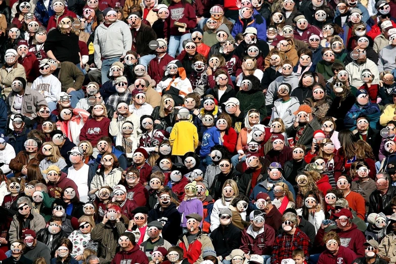 a large group of people wearing clown masks, by Ben Zoeller, reddit, maroon and white, pitt, crowd of longhairs, michigan