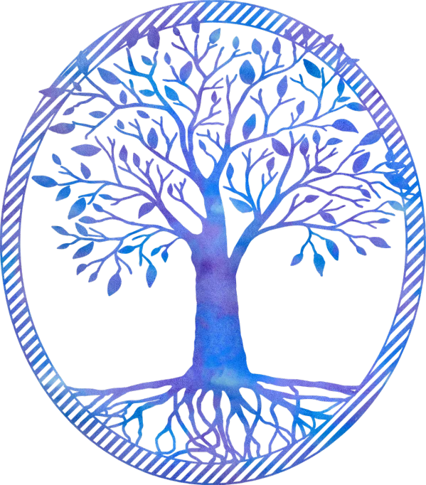 a watercolor drawing of a tree in a circle, a digital rendering, sots art, black and blue and purple scheme, tradition, intricat, logo without text