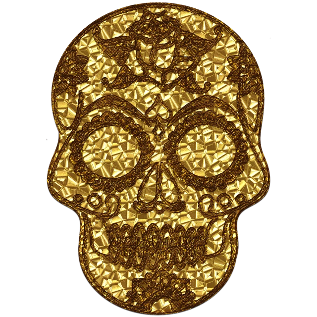 a gold sugar skull on a black background, a digital rendering, inspired by Hedi Xandt, mosaic, snapchat photo, very accurate photo, jake the dog