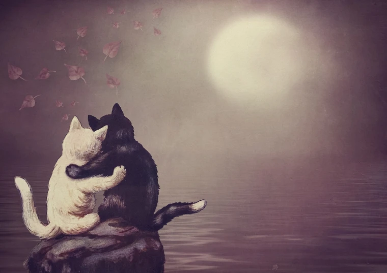 a couple of cats sitting on top of a rock, tumblr, romanticism, made with photoshop, atmospheric ”