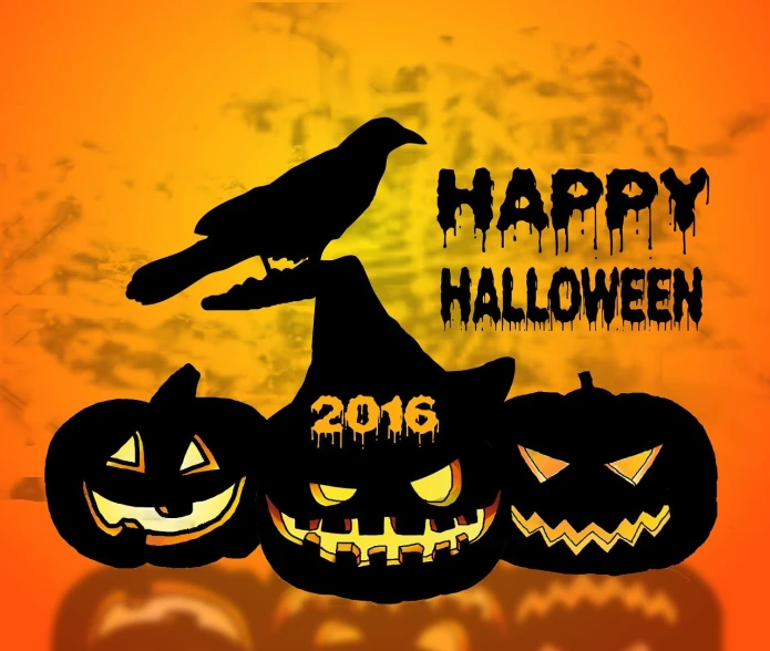 a black bird sitting on top of three pumpkins, a picture, pixabay, happening, glowing-eyes-and-mouth, in 2 0 1 5, 6 0's, dissection of happy