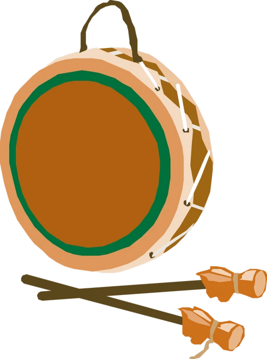 a drum and drumsticks on a black background, a digital rendering, inspired by Masamitsu Ōta, mingei, an orange, a green, round-cropped, tamborine