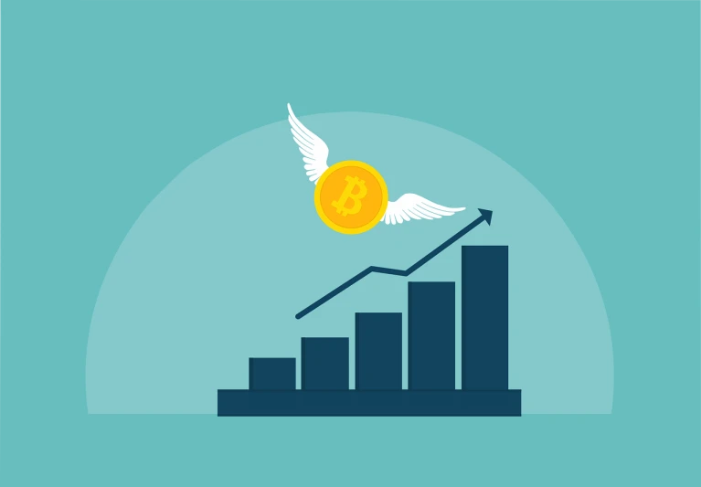 a bird that is flying over a bar chart, an illustration of, art deco, bitcoin, angel wings, vector illustration, graphic illustration