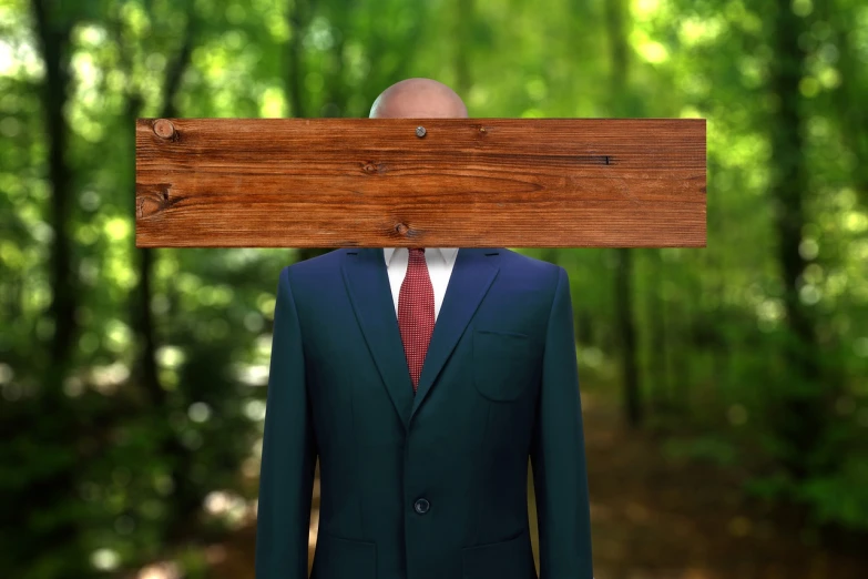 a man in a suit with a wooden sign on his head, a stock photo, inspired by Rene Magritte, political meeting in the woods, wood texture on top, a hyper realistic, slightly blurred