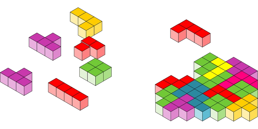 a bunch of different colored cubes on a black background, pixel art, inspired by Ernő Rubik, the styles of escher and penrose, diagram, left right symmetry, peter eisenman
