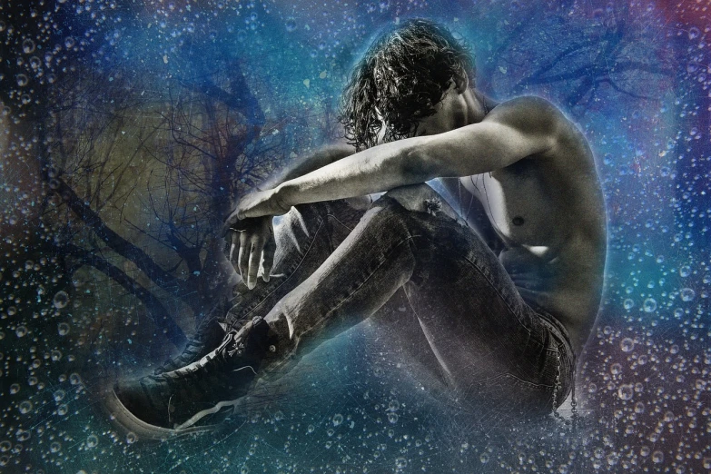 a man sitting on top of a snow covered ground, inspired by Jorge Jacinto, digital art, water is made of stardust, frank dillane as puck, masculine pose, promo photo