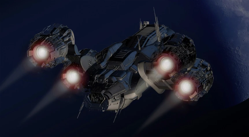 a spaceship that is flying in the sky, polycount contest winner, cinematic lighting at night, octane render ] ”