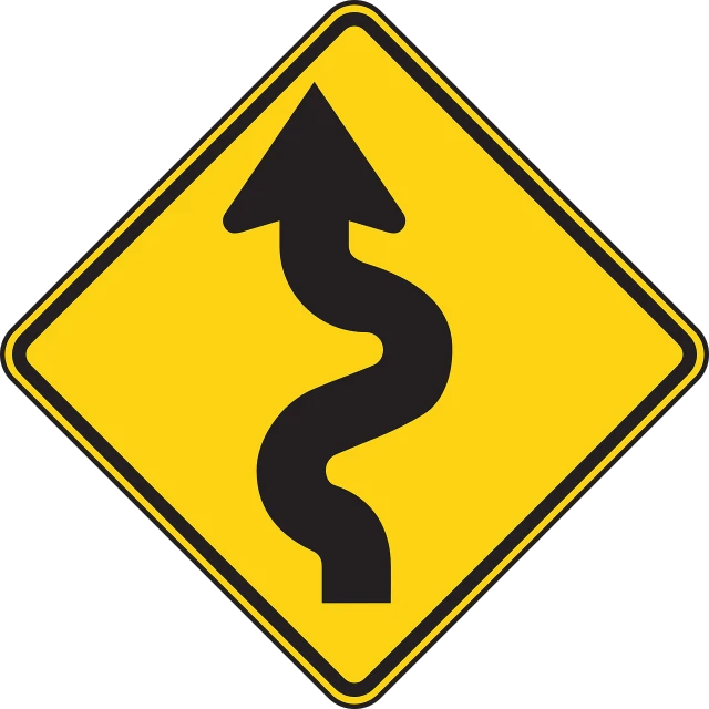 a yellow and black road sign with a curved arrow, by Dennis Ashbaugh, flowing curves, serpent, many smooth curves, square