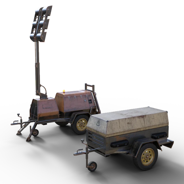 a truck with a trailer attached to it, trending on polycount, conceptual art, floodlight, lowres, dusty volumetric light, portable generator