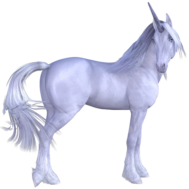 a white unicorn standing in front of a black background, a raytraced image, photo-realistic maximum detail, white hairs, full body close-up shot, 3 d white shiny thick