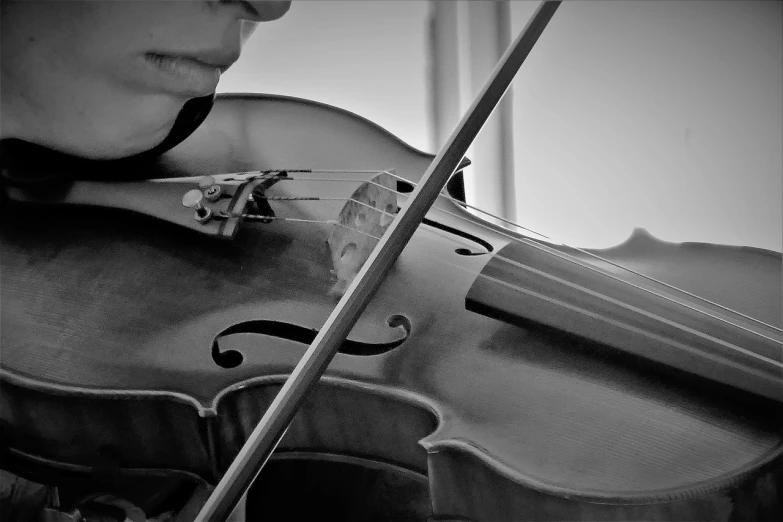 a close up of a person playing a violin, by Tom Carapic, flickr, precisionism, b & w detailed sharp photo, woman, smooth detailed, on the bow