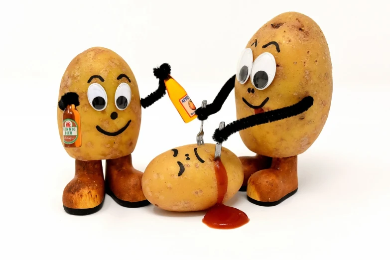 a couple of potatoes sitting next to each other, a picture, inspired by Heinz Anger, robots drinking alcohol, stop - motion, marketing, beans in his eyes sockets