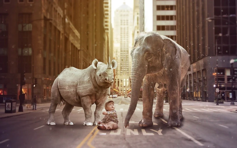 a baby sitting in the middle of a street next to two elephants, by Kurt Roesch, rhinoceros 3d, chicago, full length photo