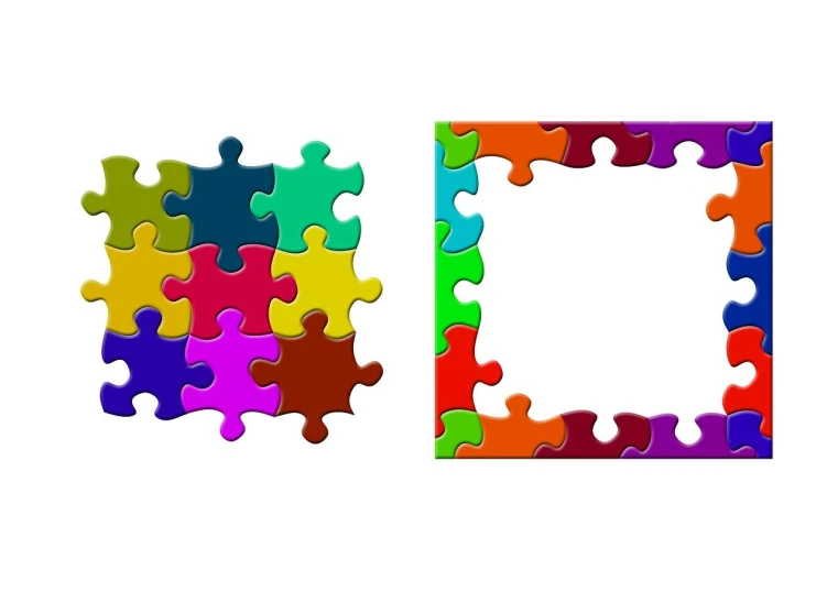 two colorful pieces of puzzle on a white background, a jigsaw puzzle, trending on pixabay, computer art, fractal frame, front and side views, background is white and blank, colorful palette illustration