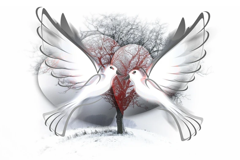 a couple of white birds standing on top of a snow covered ground, a digital rendering, inspired by János Valentiny, trending on pixabay, romanticism, red hearts, majestic big dove wings, tree's, isolated on whites