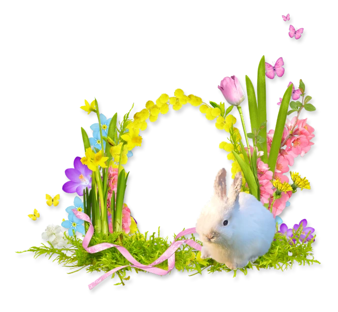 a bunny sitting in the middle of a wreath of flowers, a digital rendering, inspired by Peter Alexander Hay, mouse photo, black background!!!!!, flower frame, march
