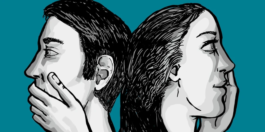 a drawing of a man and a woman looking at each other, vector art, by João Artur da Silva, tumblr, conceptual art, left ear, detail shot, high detail and high contrast, banner