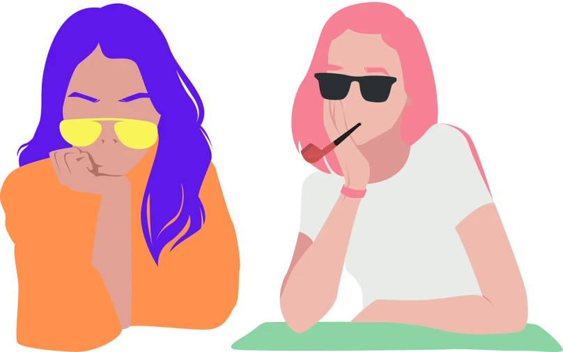 a couple of women sitting next to each other, vector art, by Whitney Sherman, trending on pexels, smoking a blunt, colorful lenses, panoramic view of girl, flat colors and strokes