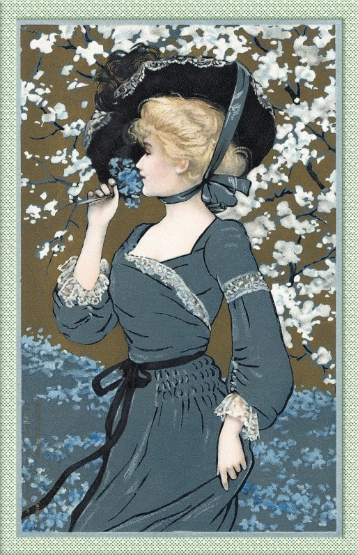 a painting of a woman in a blue dress and hat, poster art, inspired by Elizabeth Shippen Green, art nouveau, almond blossom, pale cyan and grey fabric, smelling good, antique perfume