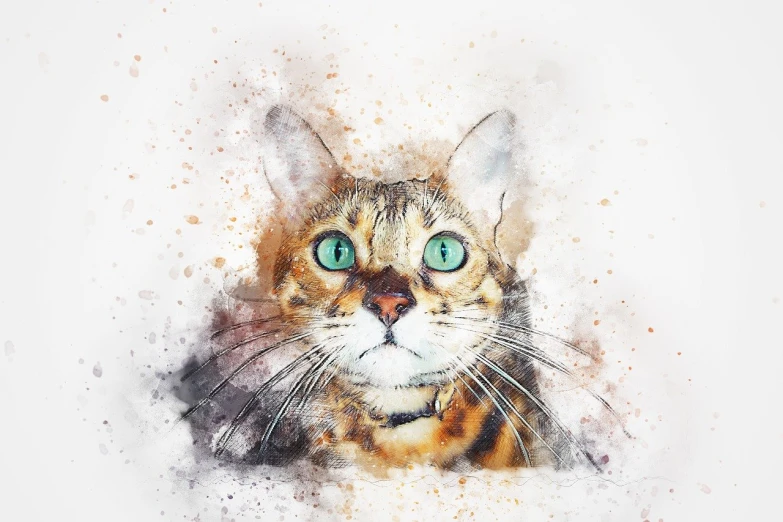 a watercolor painting of a cat with green eyes, shutterstock, digital art, mixed media style illustration, tiger, cat theme logo, watercolor painting style