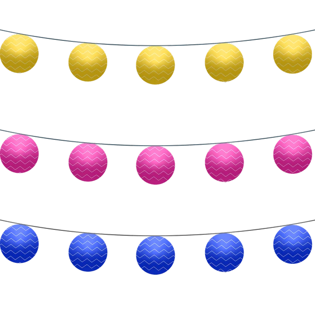 a string of colorful paper lanterns on a black background, a digital rendering, zig zag, blue and yellow color theme, pink and yellow, spheres