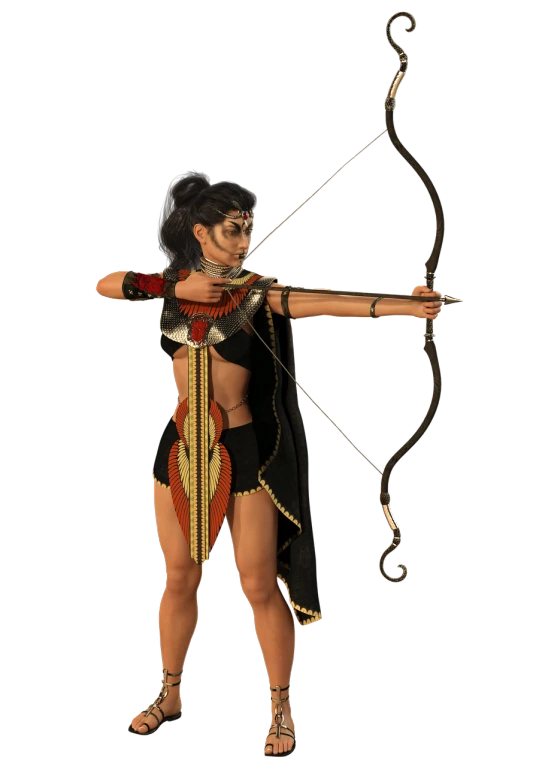 a woman in a costume holding a bow and arrow, a digital rendering, ebony wood bow, apsaras warrior, top-down shot, full resolution