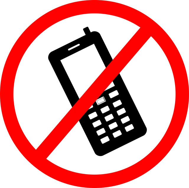 a no cell phone sign on a black background, a photo, by Andrei Kolkoutine, pixabay, no bricks, circular, no reins, by joseph binder