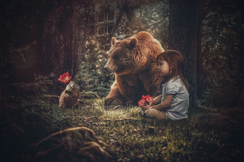 a little girl sitting on the ground next to a bear, a picture, by Adam Marczyński, digital art, enchanted dreams. instagram, compositing, holding magic flowers, post processed denoised