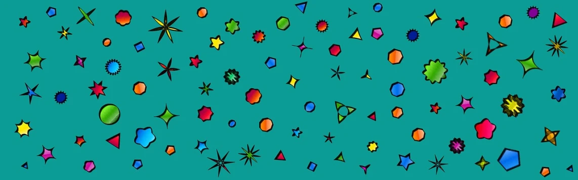 a bunch of different colored objects on a blue background, an illustration of, inspired by Ernst Wilhelm Nay, crystal cubism, beauttiful stars, floating. greenish blue, modern very sharp photo