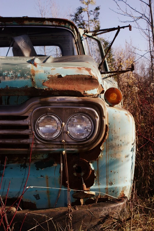 an old truck sitting in the middle of a field, a portrait, inspired by Elsa Bleda, flickr, face detail, junkyard, headlight washer, 2 0 0 9