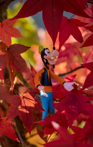 a close up of a figurine on a tree, a picture, inspired by Luigi Kasimir, pexels, figuration libre, autumn leaves background, will smith disney infinity, don!!!! bluth!!!!, telephoto vacation picture