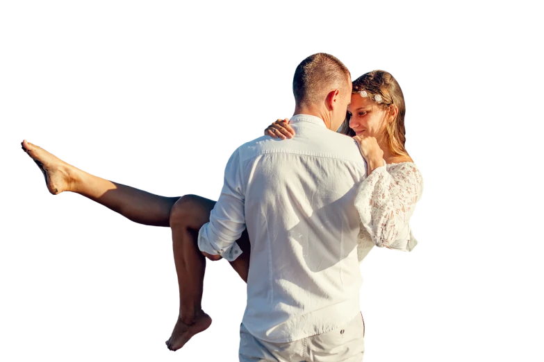 a man and a woman standing next to each other, pixabay contest winner, figuration libre, girl in white dress dancing, making love, studio 4 k, warm summer nights