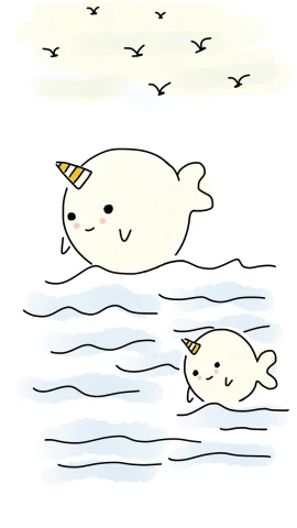 a drawing of a narwhali swimming in the ocean, an illustration of, inspired by Naka Bokunen, cute funny ghost, size difference, two male, summertime
