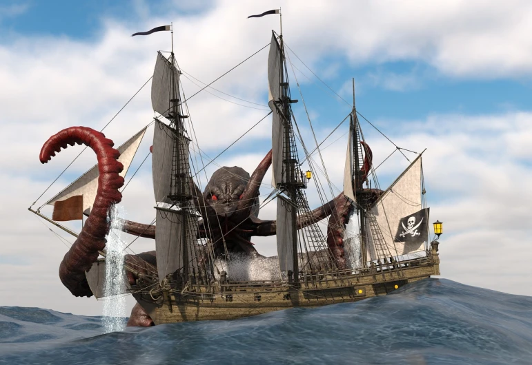 a giant octopus attacking a ship in the ocean, a digital rendering, pirate weapons, on the deck of a sailing ship, set photo, high - res