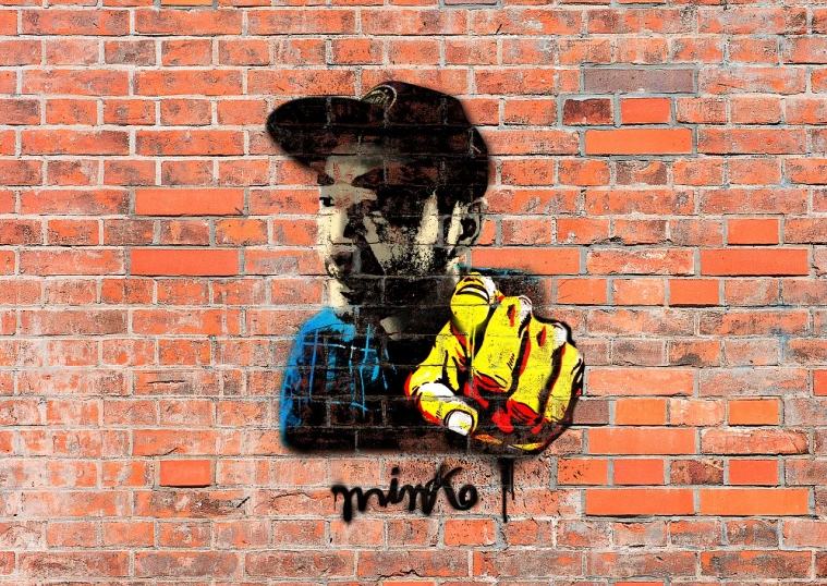 a painting of a baseball player on a brick wall, graffiti art, by INO, street art, pointing index finger, artstyle of michelangelo, hand holding cap brim, manchester